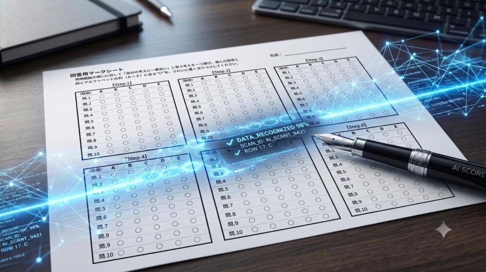 PDRLの最大の特徴である「紙のマークシート(アナログ)」が、「AIの光(デジタル)」によって解析されているスタイリッシュで未来的なイメージ画像