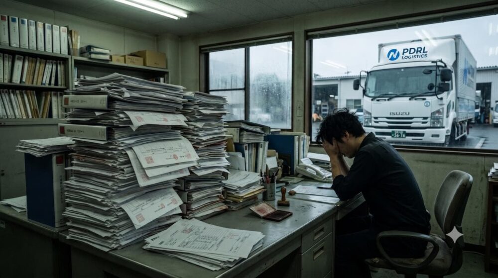 現場の管理者が直面する「形骸化」の徒労感を表現します。山積みの書類(KYシート)と、停滞した重い空気感を視覚化したイメージ画像